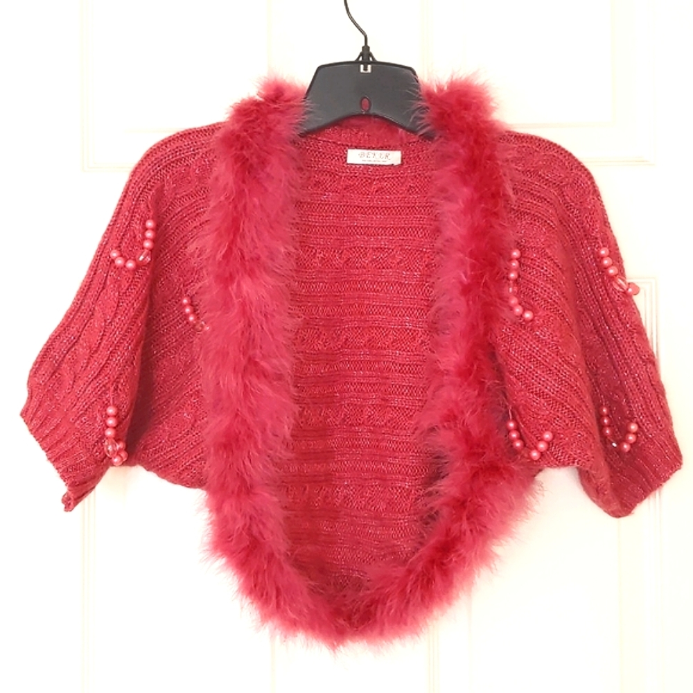 NWOT. Girl's Mohair blended sweater shrug with fluffy trim, beads and patterns.